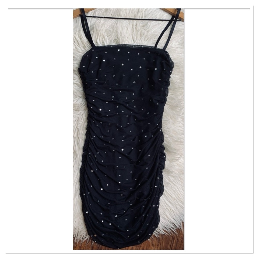 NBD Kerr Embellished Rhinestone Ruched Mini Dress Black Size Small